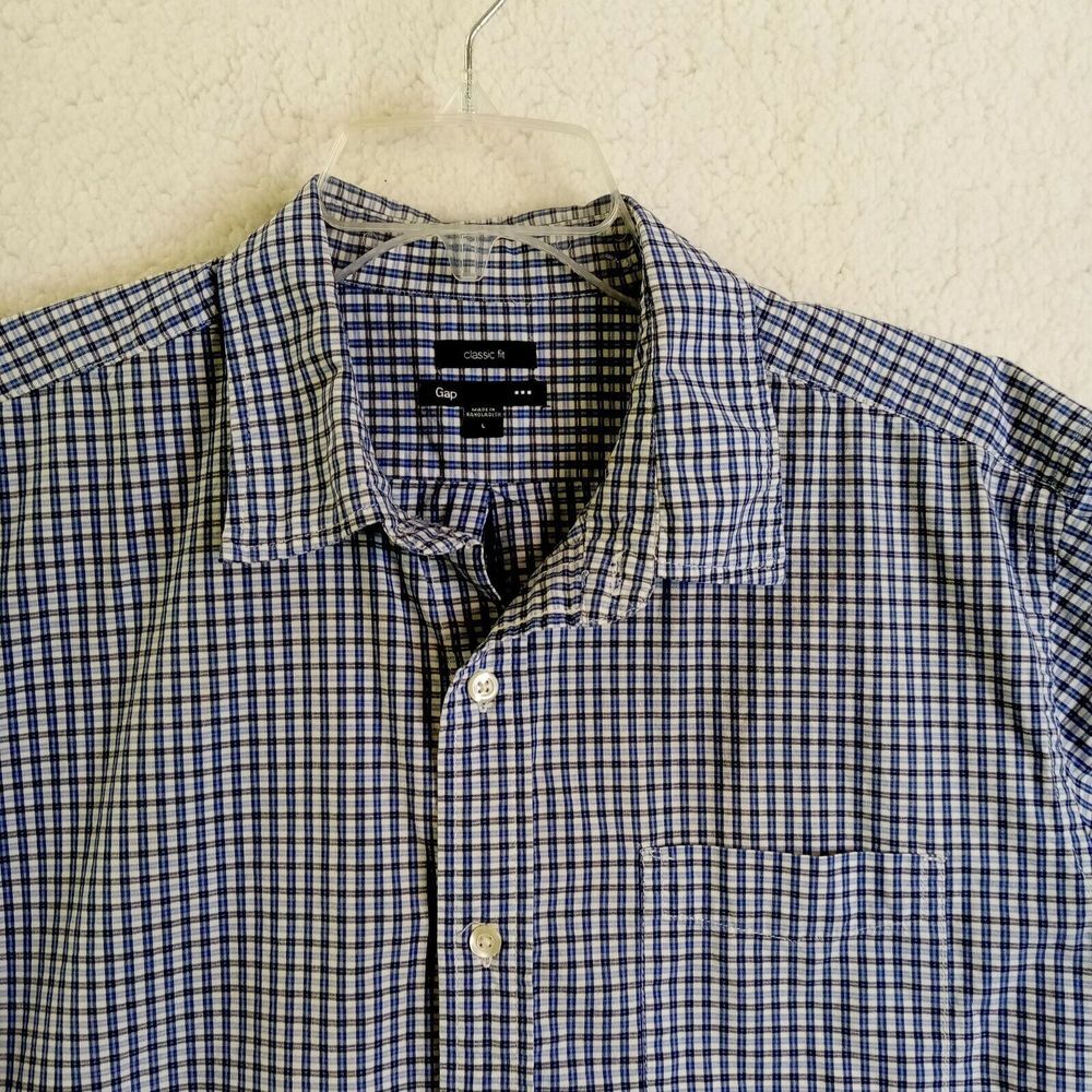 Gap Shirt Mens Large Short Sleeve Button Up Blue Classic Fit Ginghan Check